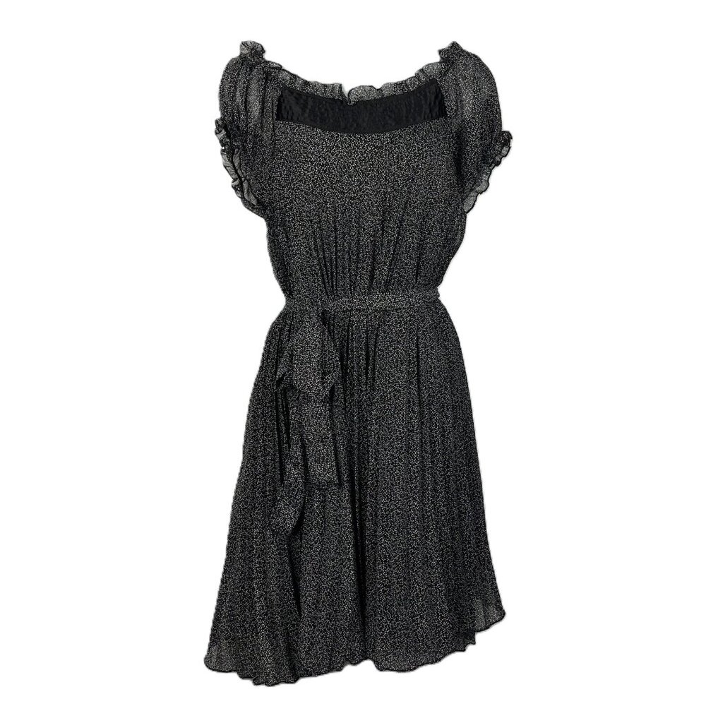 RAY Pleated Dress Size S Sheer Black White Floral Ruffled Belted Whimsygoth